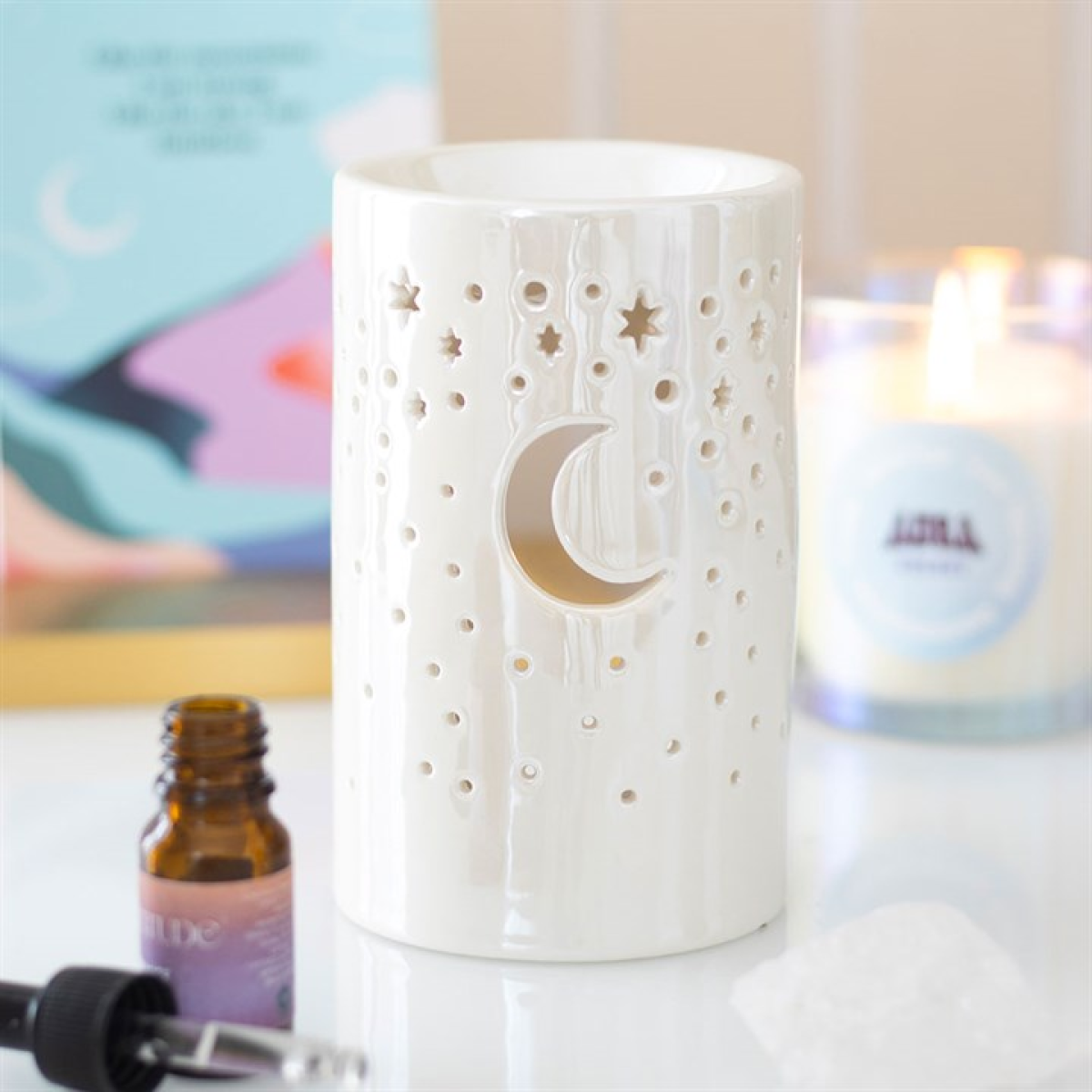 Iridescent White Moon Pillar Oil Burner and Wax Warmer